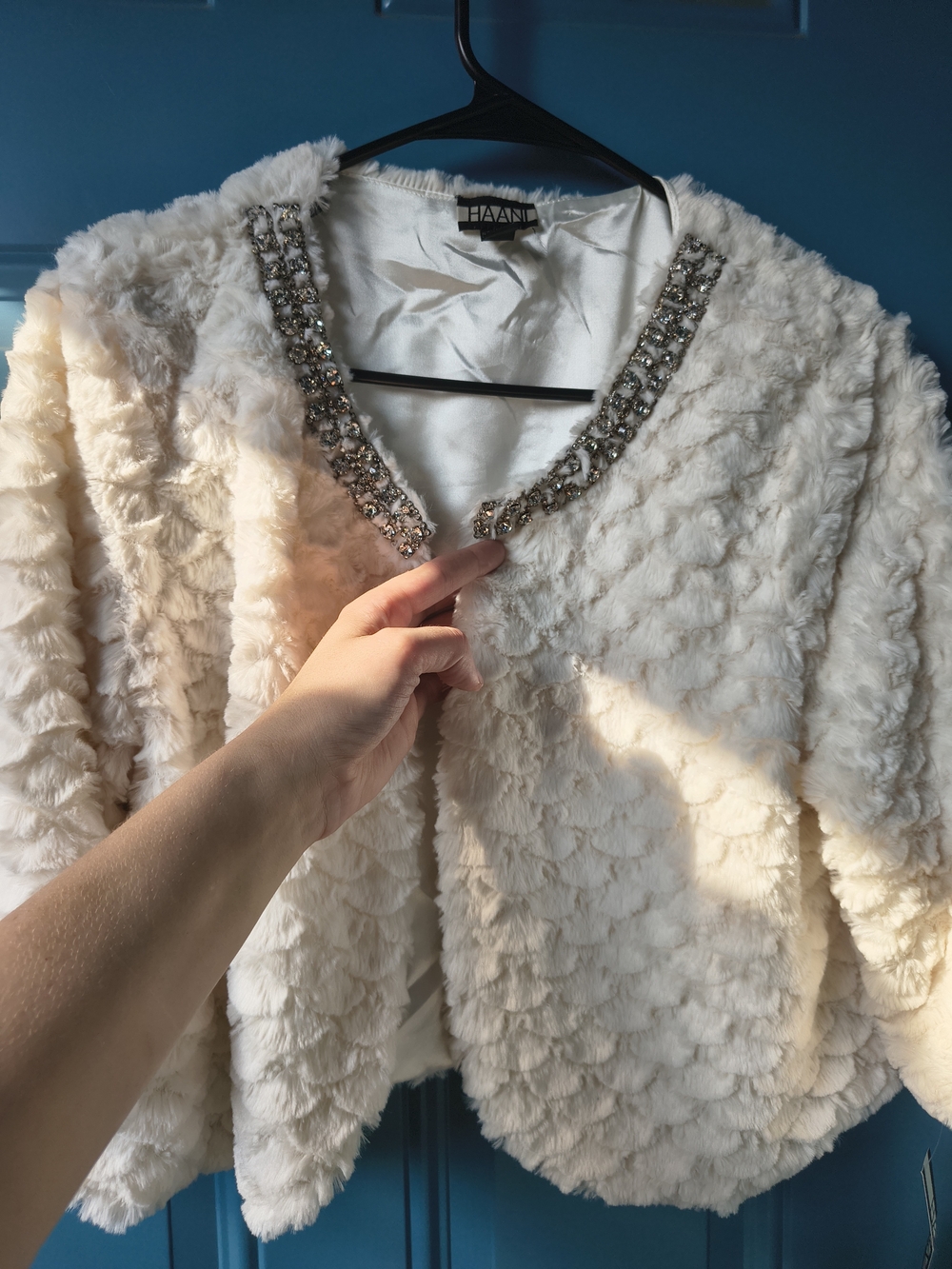 Haani Cream Faux Fur Shawl with Crystal Trim